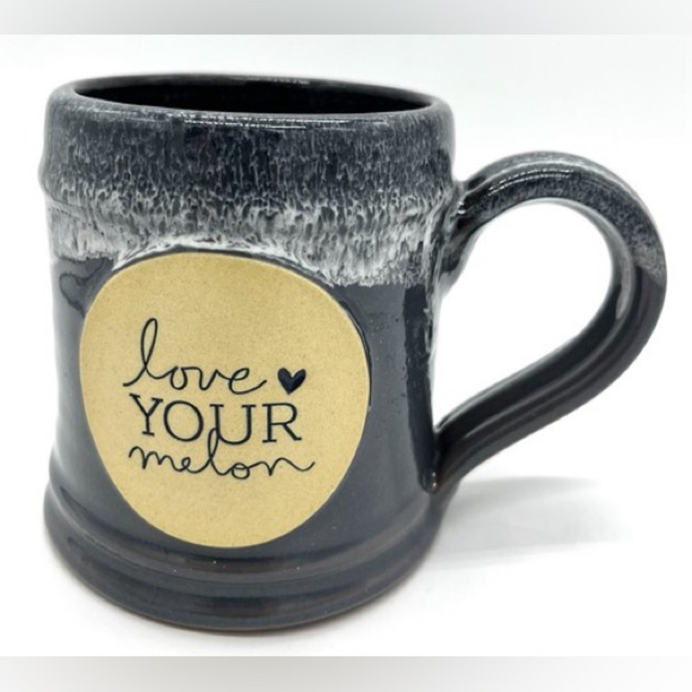 Love Your Melon 2016 handthrown Blue and white pottery Mug